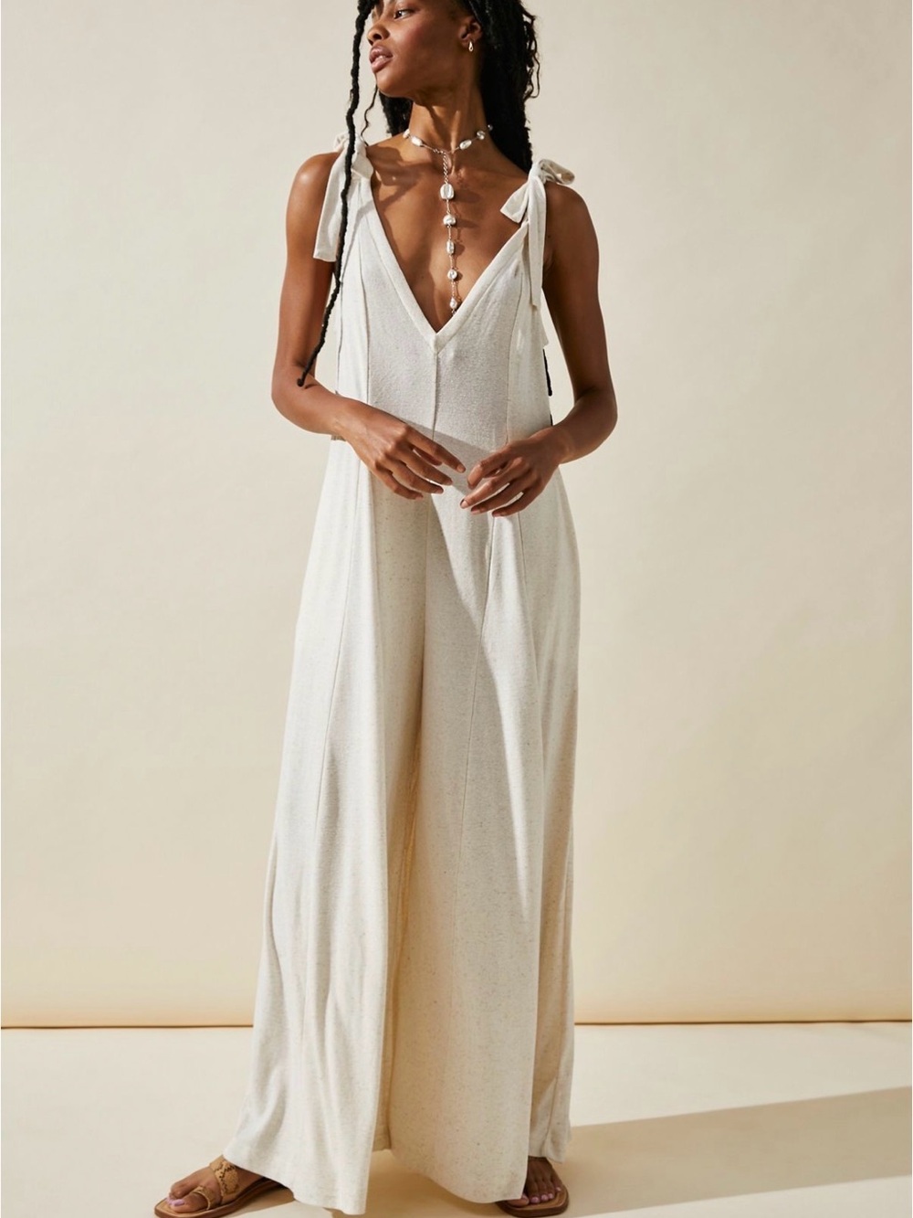 Free People Cream Tie-Shoulder V-Neck Wide-Leg Jumpsuit